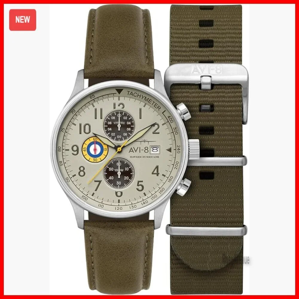 Men's Pilot Chronograph Watch, Stainless Steel Case, Leather Strap, 43.5mm